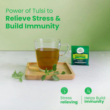 A TATA Product - Organic India Tulsi Green Tea Classic - 50 Tea Bags, Stress Relieving, Uplifts Mood, Rich in Antioxidants, Blend of Rama, Krishna & Vana Tulsi, Certified Organic